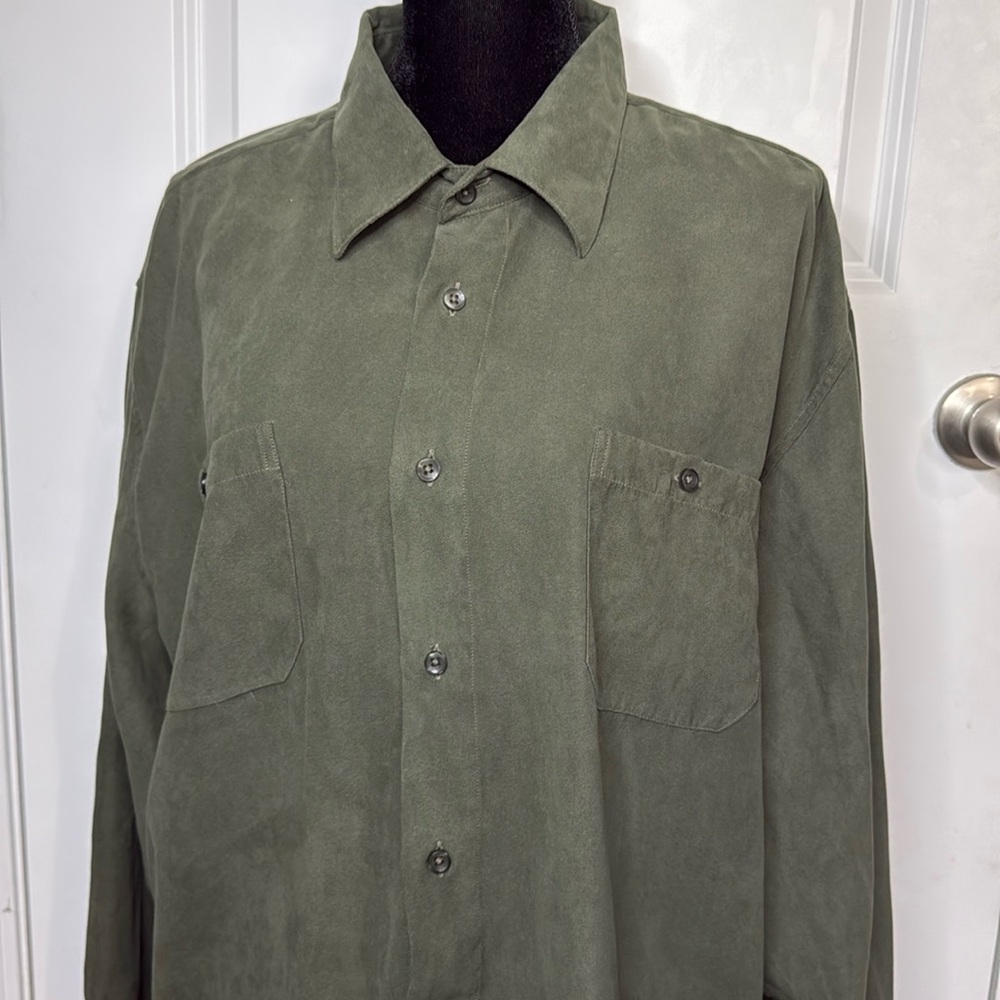 Cotton Reel poly L/S men’s dress shirt, olive green faux suede feel, size 2XL